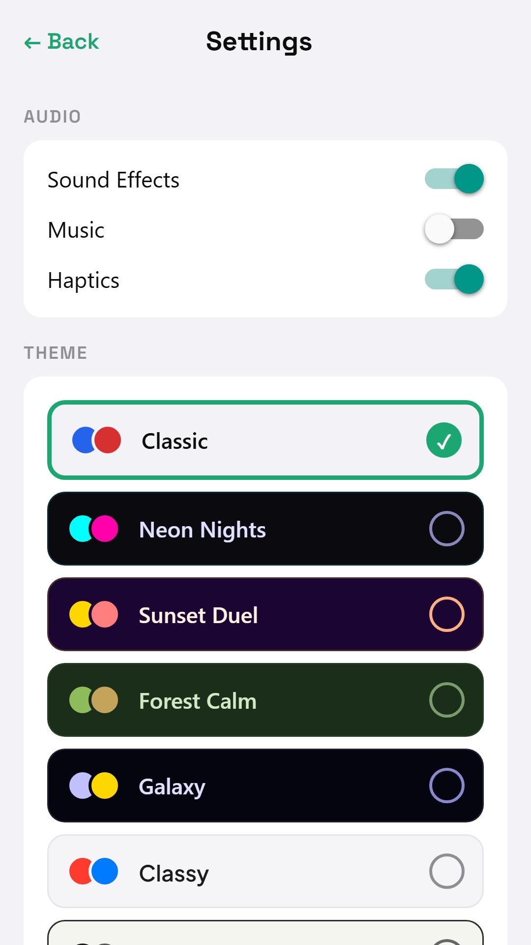 Settings screen with audio toggles and visual theme options